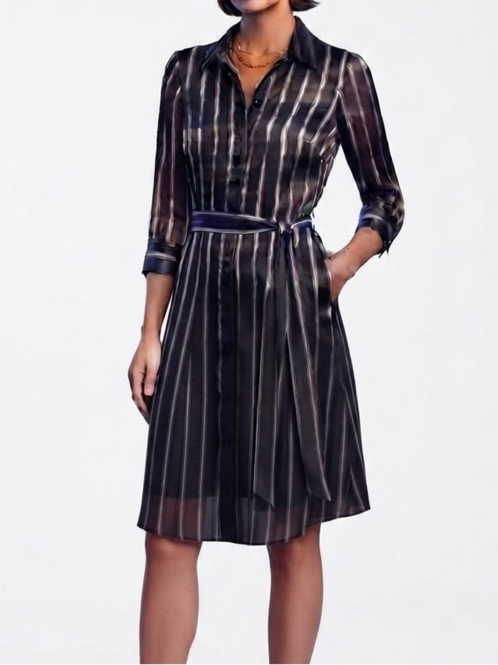 White House Black Market Triplet Stripe Black Belted Shirt Dress